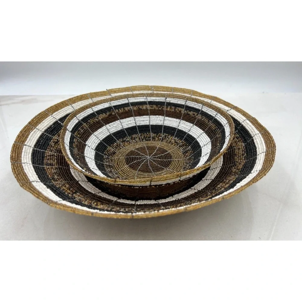 Seed Bead Bowl Basket Wire Framed Design Basket 11.5